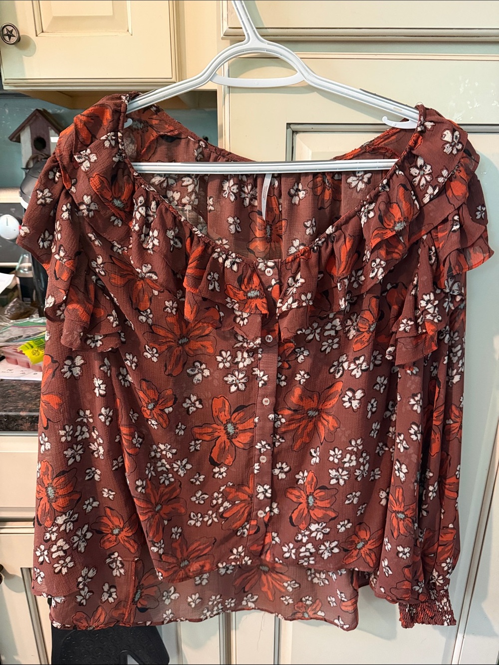 Free People Rust Red Floral Ruffle Blouse